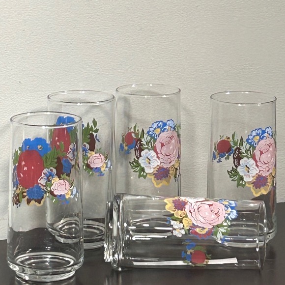 Set of 5 Tabletops Unlimited Tumbler Glasses Flowers Clear Glass Drinkware Vtg - Picture 2 of 7
